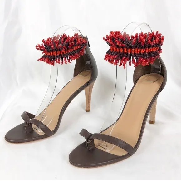 Ulla Johnson Kassia Beaded Open Round Toe Sandal Heels Size 37 Brown Red Summer