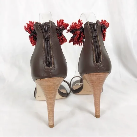 Ulla Johnson Kassia Beaded Open Round Toe Sandal Heels Size 37 Brown Red Summer