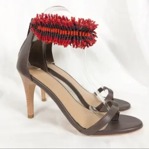Ulla Johnson Kassia Beaded Open Round Toe Sandal Heels Size 37 Brown Red Summer