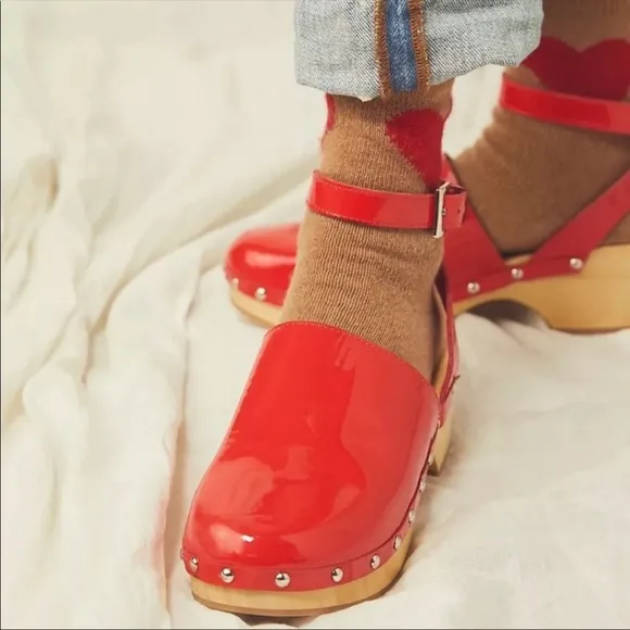 Unalira x Free People Kaia Red patent Leather Clogs ankle strap