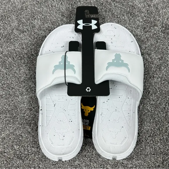 Under Armour Project Rock 3 Mens Slides Sandals White Gray Size 11 3026034-100