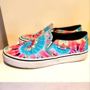 VANS &quot;Asher&quot; Tie Dye Canvas Slip-On Sneakers Womens 7.5/38 Ret $135 WORN ONCE!