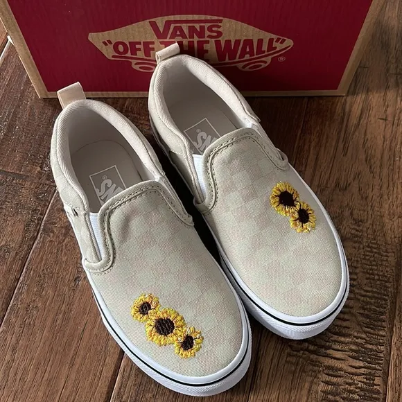 Vans Asher Checkerboard Embroidered Sunflower Girls Size 5