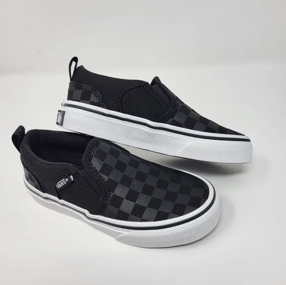 Vans Boys Youth Black Gray Asher Checker Slip on Low Top Shoes New Size 11