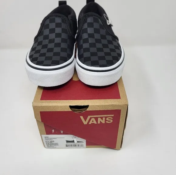 Vans Boys Youth Black Gray Asher Checker Slip on Low Top Shoes New Size 11