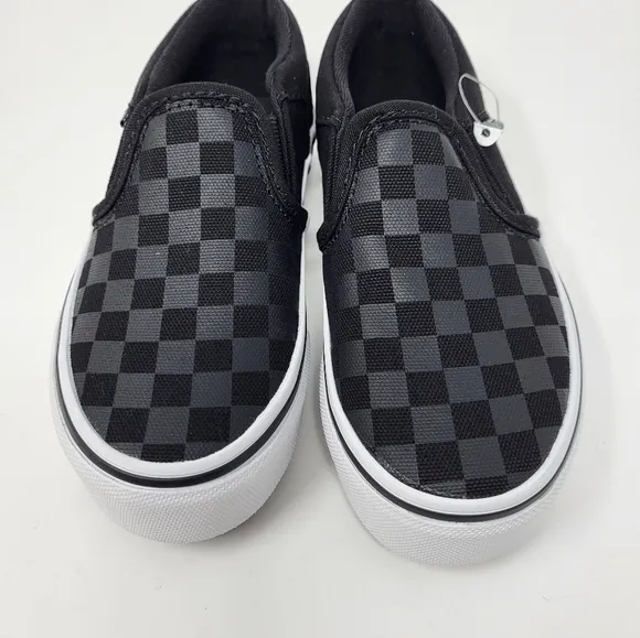 Vans Boys Youth Black Gray Asher Checker Slip on Low Top Shoes New Size 11