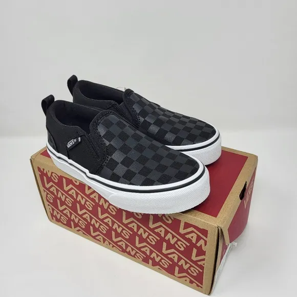 Vans Boys Youth Black Gray Asher Checker Slip on Low Top Shoes New Size 11