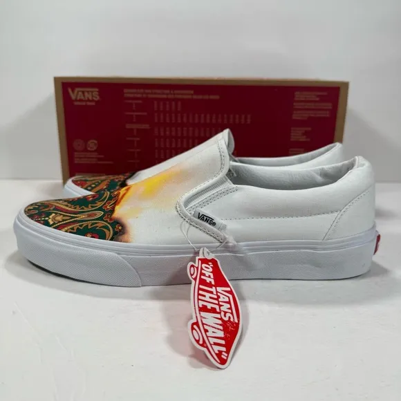 Vans Classic Slip-On Big Reveal True White Paisley Sneakers Men's Size 10