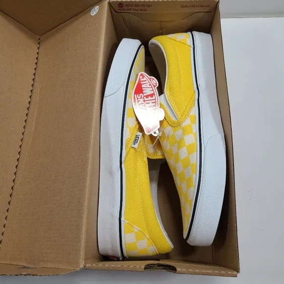 Vans Classic Slip-On Cyber Yellow White Checkerboard Sneakers Men's Size 11