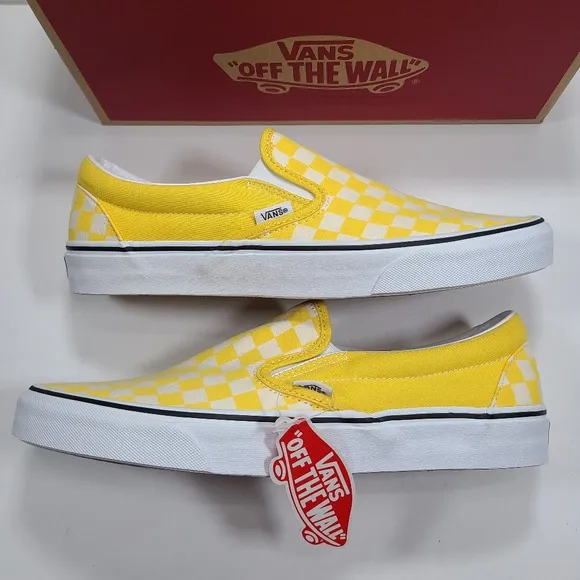Vans Classic Slip-On Cyber Yellow White Checkerboard Sneakers Men's Size 11