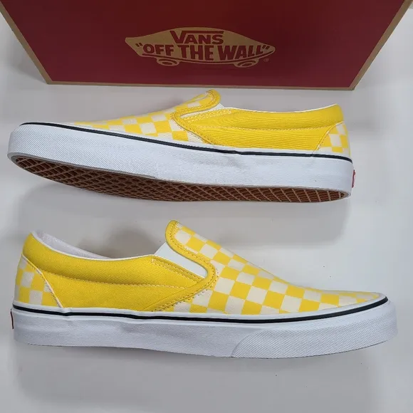 Vans Classic Slip-On Cyber Yellow White Checkerboard Sneakers Men's Size 11
