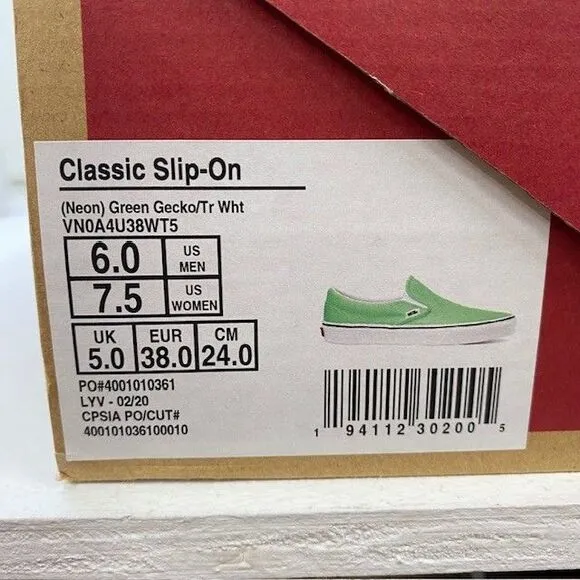 Vans Classic Slip-On Neon Green Gecko Canvas Sneakers‎ US 6 Men / 7.5 Women