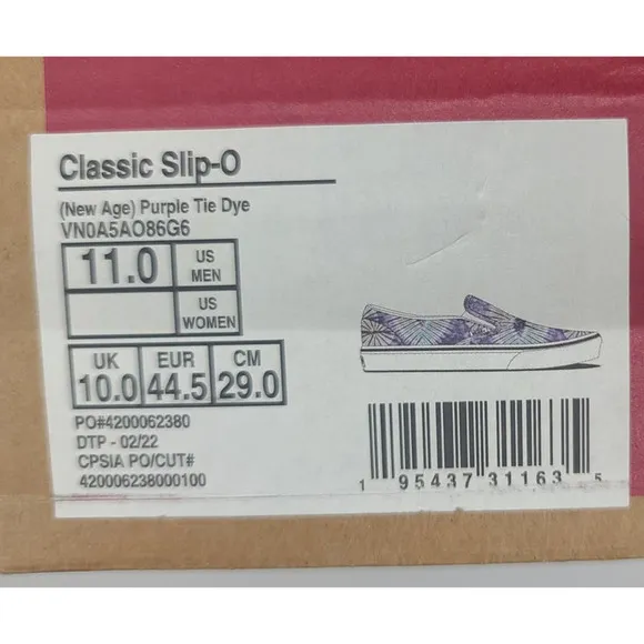 VANS Classic Slip On New Age Skate Shoe Purple Tie Dye Canvas Sneakers Men's 11