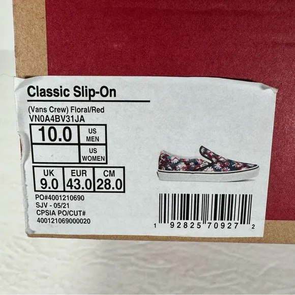 Vans Classic Slip-On Vans Crew Floral Red Sneakers Men Size 10 Women 11.5