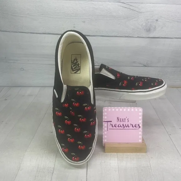 Vans Classiic Slip On Red CHERRIES Embroidered Black Base Canvas Sneakers Sz 12