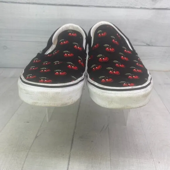 Vans Classiic Slip On Red CHERRIES Embroidered Black Base Canvas Sneakers Sz 12