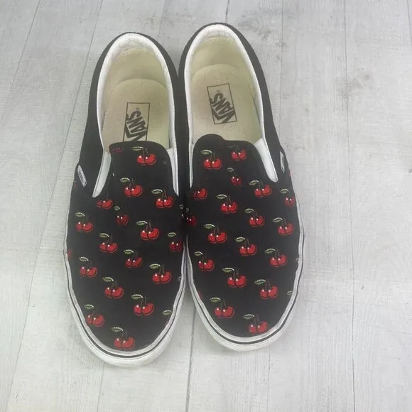 Vans Classiic Slip On Red CHERRIES Embroidered Black Base Canvas Sneakers Sz 12