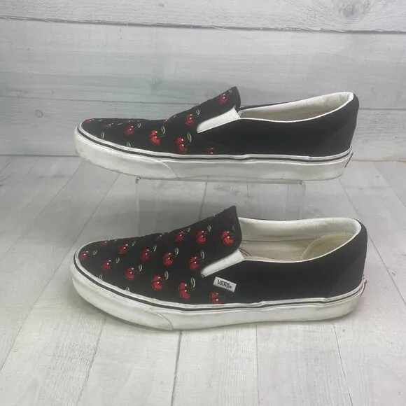 Vans Classiic Slip On Red CHERRIES Embroidered Black Base Canvas Sneakers Sz 12