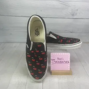 Vans Classiic Slip On Red CHERRIES Embroidered Black Base Canvas Sneakers Sz 12