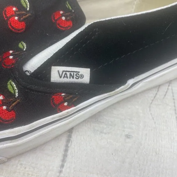 Vans Classiic Slip On Red CHERRIES Embroidered Black Base Canvas Sneakers Sz 12