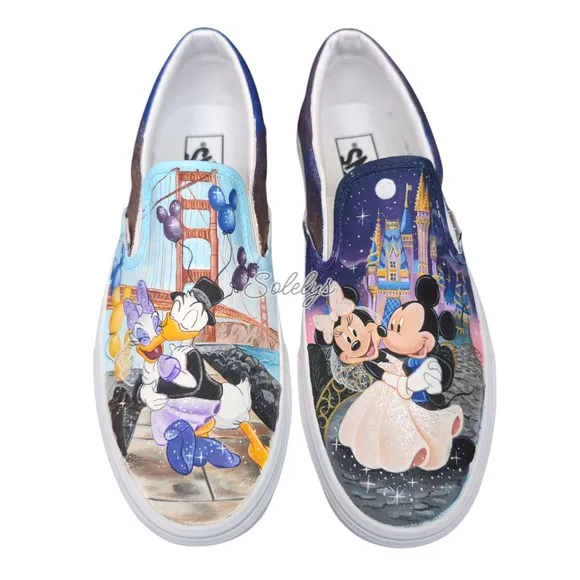 VANS Disney Womens 10 Custom Painted Slip Ons Mickey Minnie Donald Daisy Duck