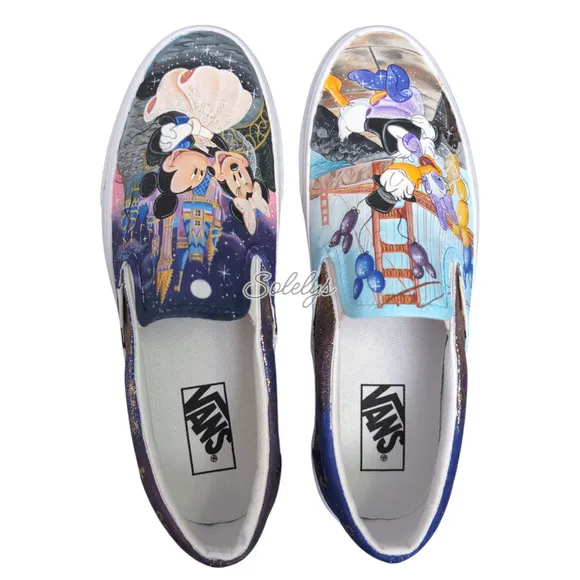 VANS Disney Womens 10 Custom Painted Slip Ons Mickey Minnie Donald Daisy Duck