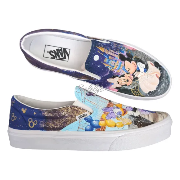 VANS Disney Womens 10 Custom Painted Slip Ons Mickey Minnie Donald Daisy Duck