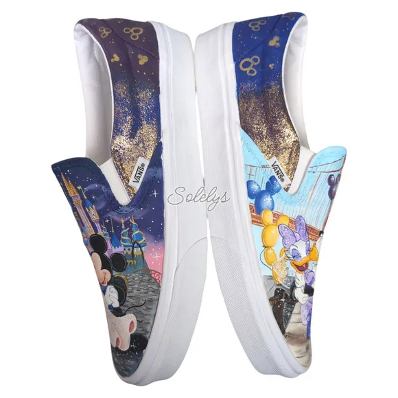 VANS Disney Womens 10 Custom Painted Slip Ons Mickey Minnie Donald Daisy Duck