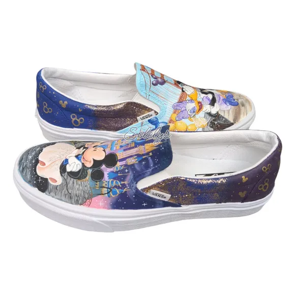 VANS Disney Womens 10 Custom Painted Slip Ons Mickey Minnie Donald Daisy Duck