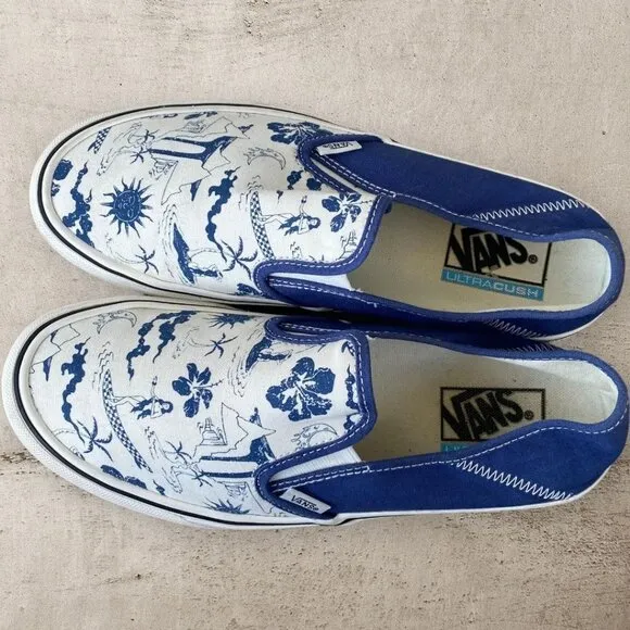 Vans Hula Girl Print Slip On Palm Blue Hawaiin Beach Ultracush‎ Blue Mens Size 9