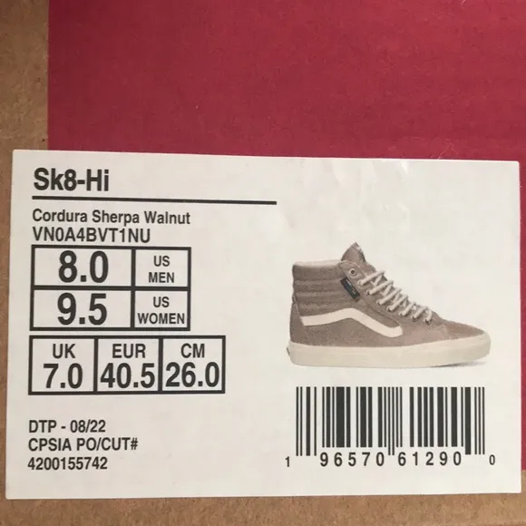 Vans Sk8-Hi Cordura Sherpa Walnut Vn0a4bvt1nu Women 9.5