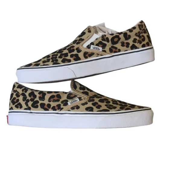 Vans Slip On Canvas Shoes Fuzzy Leopard Print Rosettes