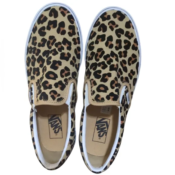Vans Slip On Canvas Shoes Fuzzy Leopard Print Rosettes