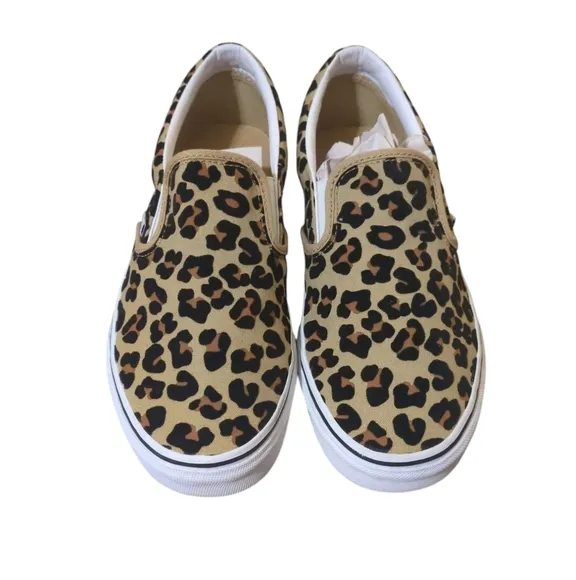 Vans Slip On Canvas Shoes Fuzzy Leopard Print Rosettes