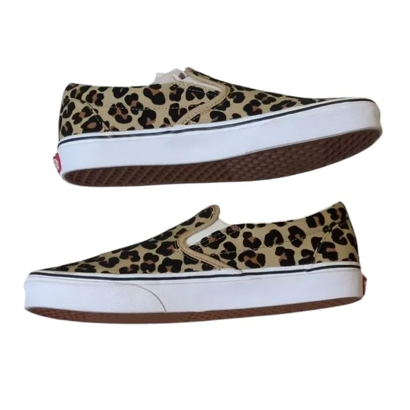 Vans Slip On Canvas Shoes Fuzzy Leopard Print Rosettes