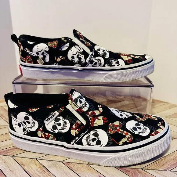 VANS Slip-On Kids Unisex 3 Black Glow Snake Skulls Sneakers Glow In The Dark