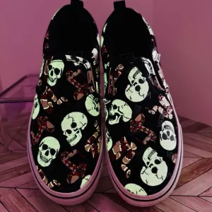 VANS Slip-On Kids Unisex 3 Black Glow Snake Skulls Sneakers Glow In The Dark