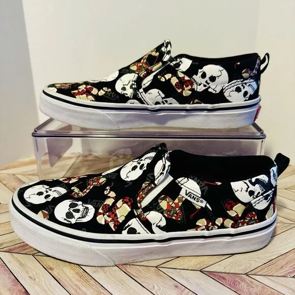 VANS Slip-On Kids Unisex 3 Black Glow Snake Skulls Sneakers Glow In The Dark
