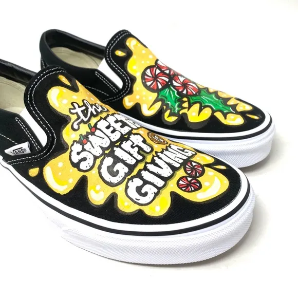VANS Slip On Sneakers Canvas Yellow Black Men's Skate Low Top Custom Alsu01247