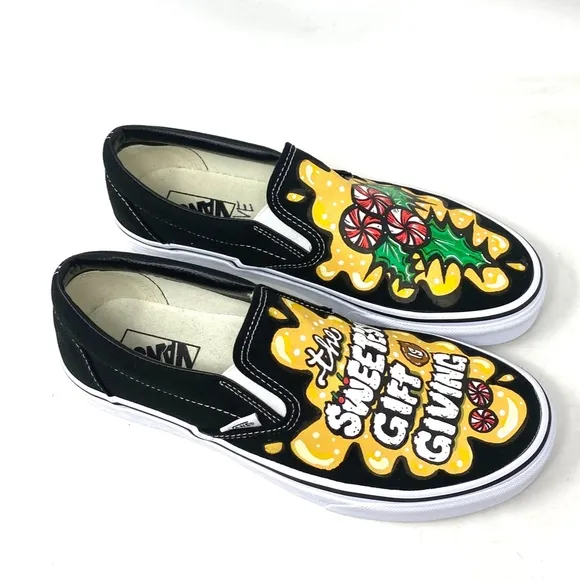 VANS Slip On Sneakers Canvas Yellow Black Men's Skate Low Top Custom Alsu01247