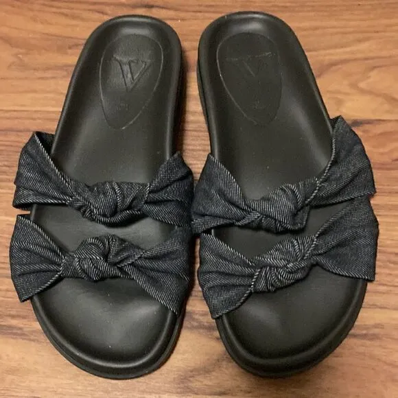Vera Pelle Black Denim Double Knot Chunky Low Wedge Leather Sandal. Size 8.