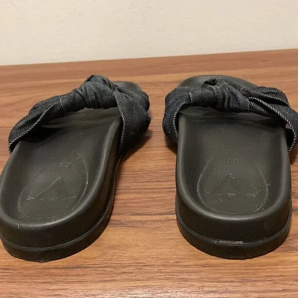 Vera Pelle Black Denim Double Knot Chunky Low Wedge Leather Sandal. Size 8.
