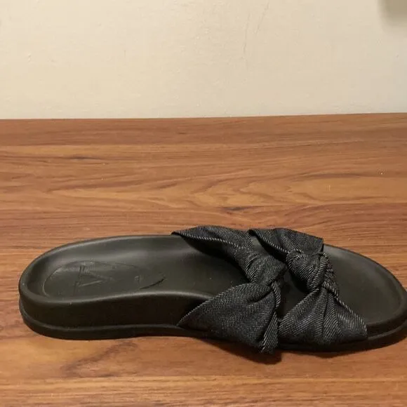 Vera Pelle Black Denim Double Knot Chunky Low Wedge Leather Sandal. Size 8.