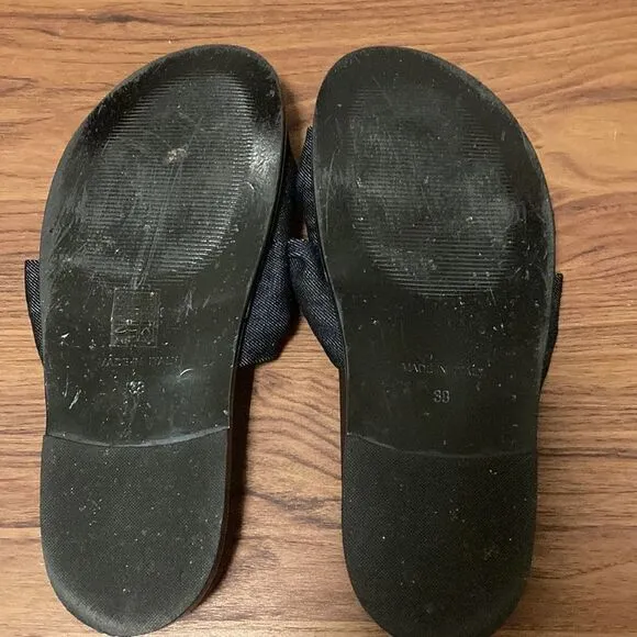 Vera Pelle Black Denim Double Knot Chunky Low Wedge Leather Sandal. Size 8.