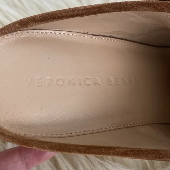 Veronica Beard Cognac Sued Mule/Clog Golden tone Studs wood heals Mint condition