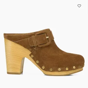 Veronica Beard Cognac Sued Mule/Clog Golden tone Studs wood heals Mint condition