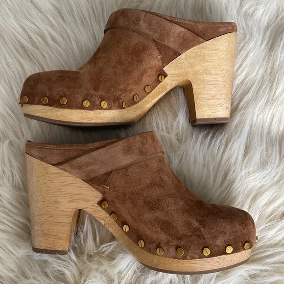 Veronica Beard Cognac Sued Mule/Clog Golden tone Studs wood heals Mint condition