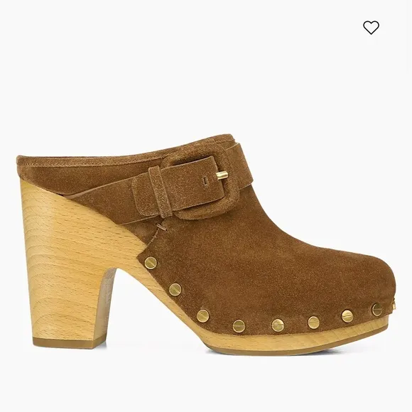 Veronica Beard Cognac Sued Mule/Clog Golden tone Studs wood heals Mint condition
