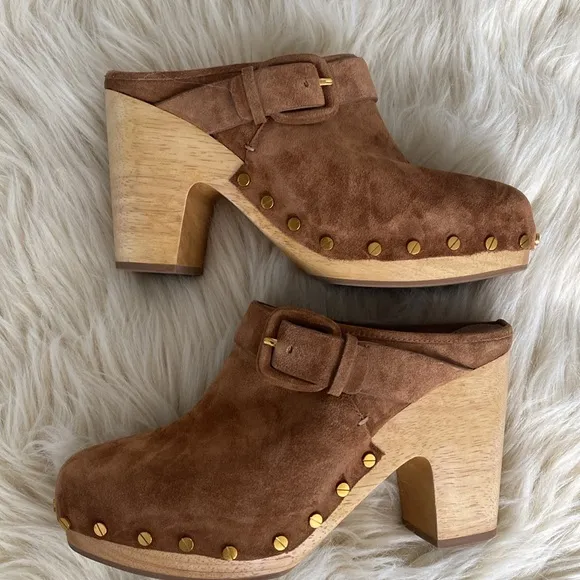 Veronica Beard Cognac Sued Mule/Clog Golden tone Studs wood heals Mint condition