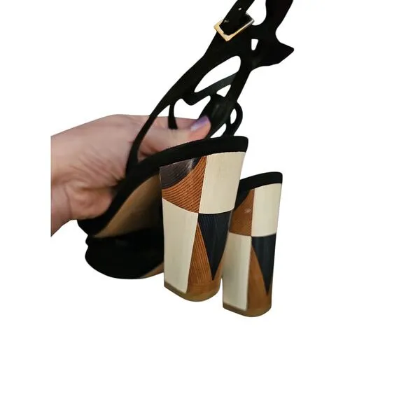 Veronica Beard sz 37 Rosalina Kid Suede black peep toe ankle strap heels sz 7